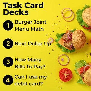Task Cards: Menu Math Burger Joint, Next Dollar Up, Bills, Debit Card (Printable PDF) Menu Math - AdaptEd4SpecialEd